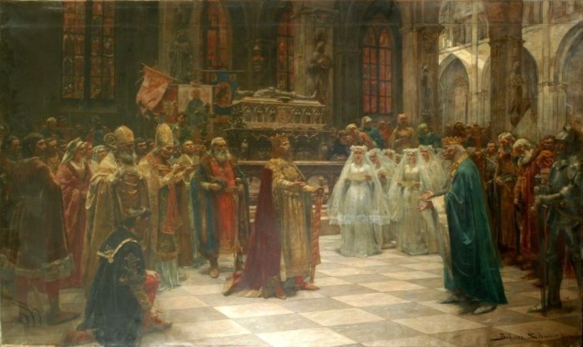 Regele Sigismund primindu-l pe regele Poloniei Vladislav Jagello la Catedrala din Oradea