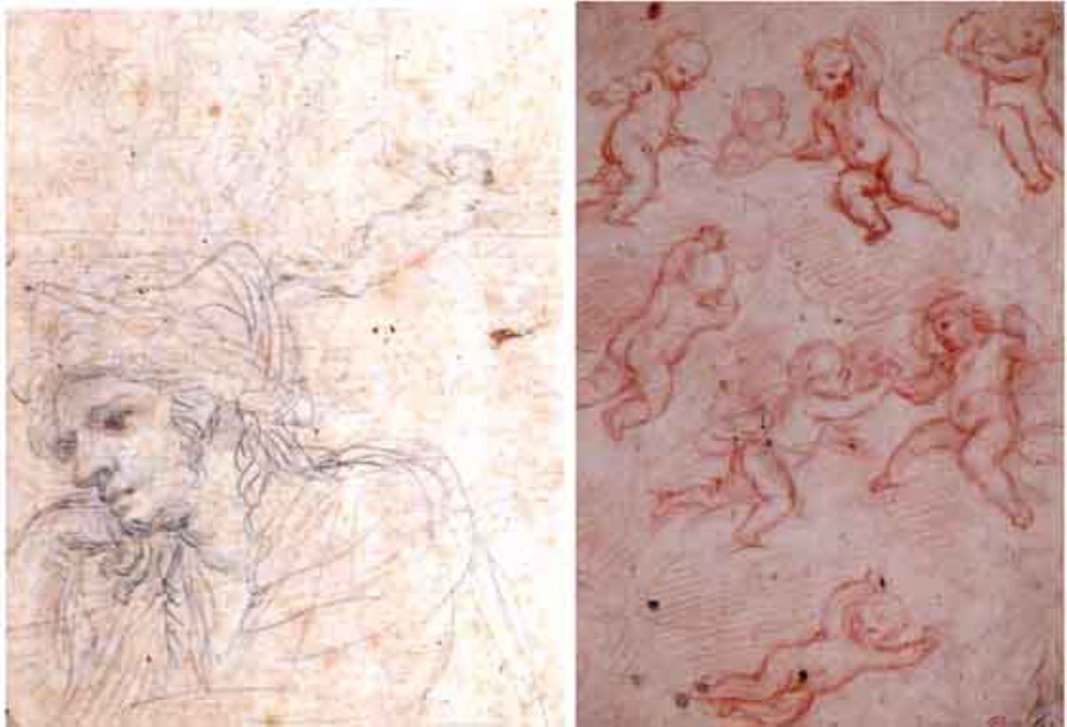Putti (față); Profil de bărbat, o figură zburătoare și o altă figură (verso)