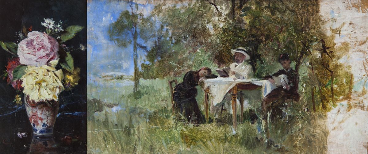 Natură statică: vas cu flori. Verso: Familie în grădină
