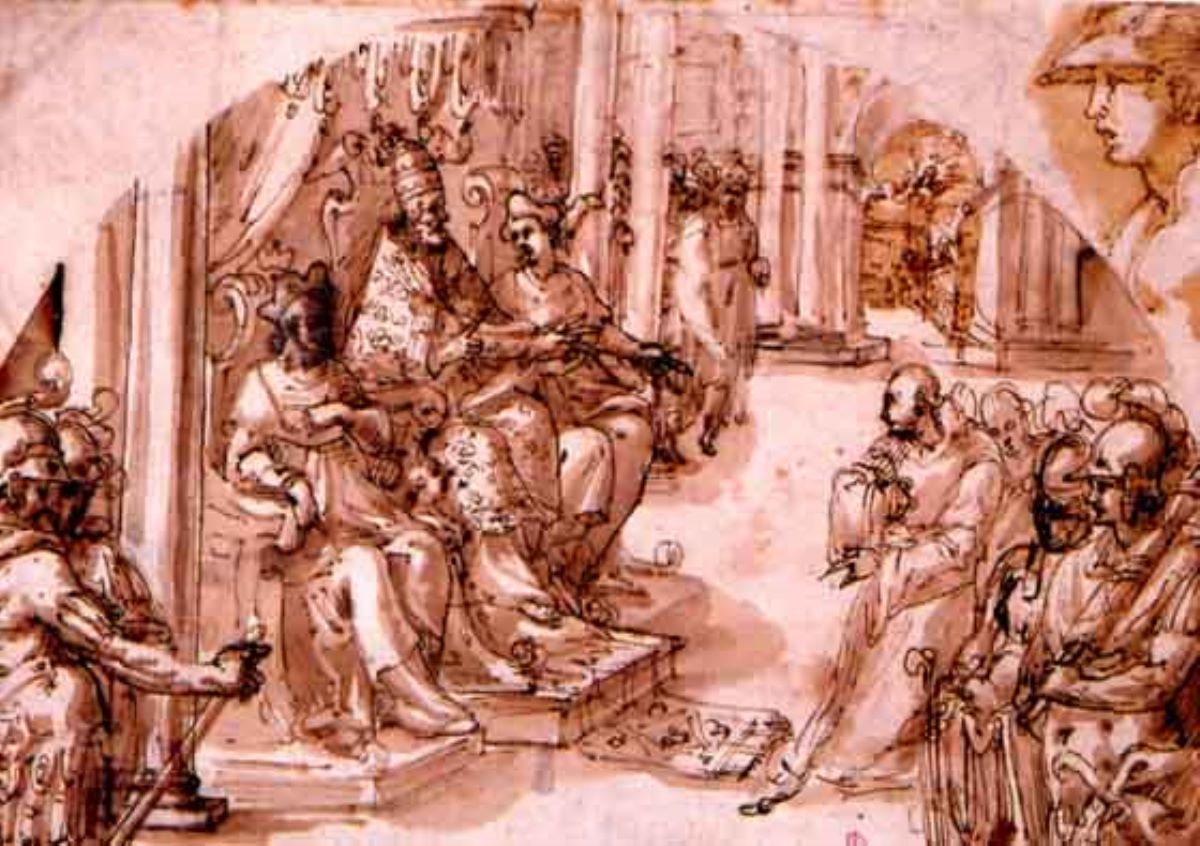 Honorius al III lea aprobă regula franciscană (proiect de ornament)