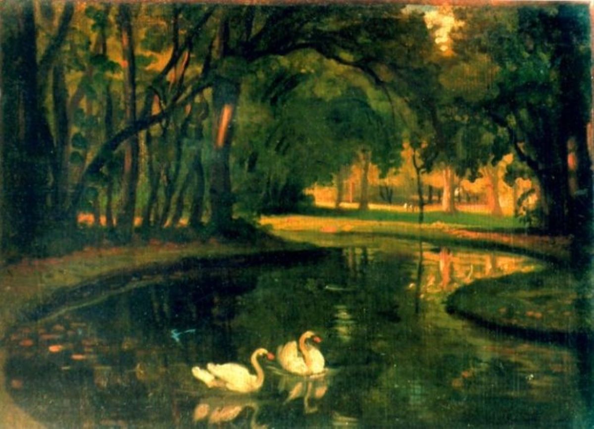 Peisaj cu lebede pe un lac în mijlocul pădurii
