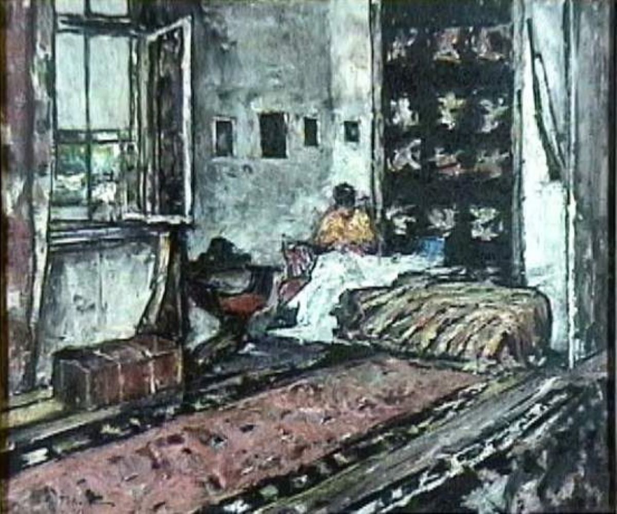 Interior cu o femeie cosând