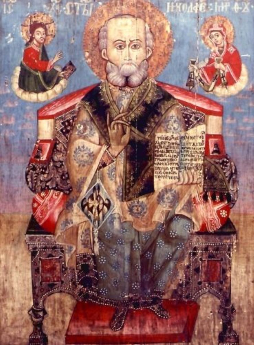 Sfântul Nicolae Mare Arhiereu tronând, primind însemnele episcopale