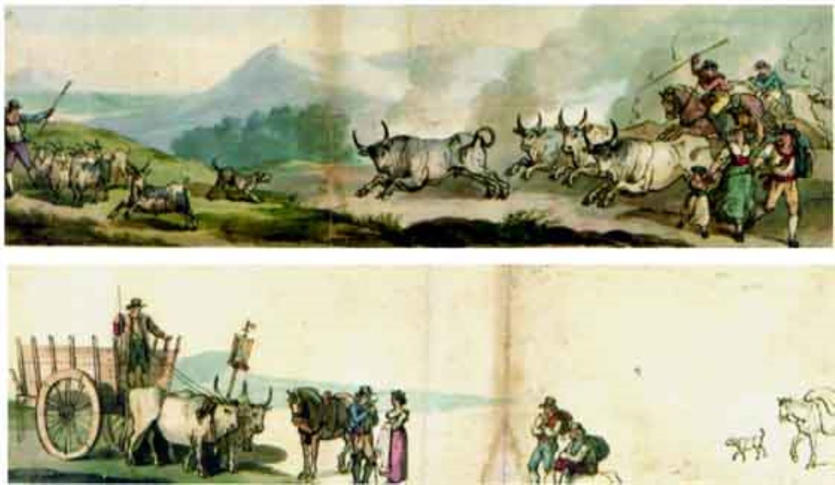 Păzitori de vite și tauri în câmpia romană (față); Căruțaș și alte figuri (verso)
