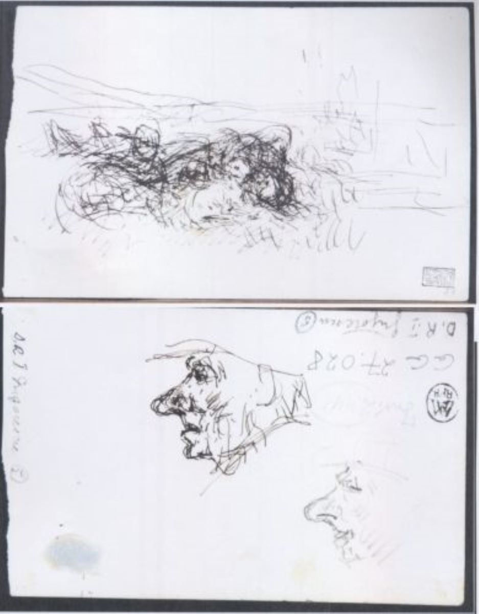 Schiță nedefinită (Fetiță jucându-se cu un miel); verso: Două profile de bărbat