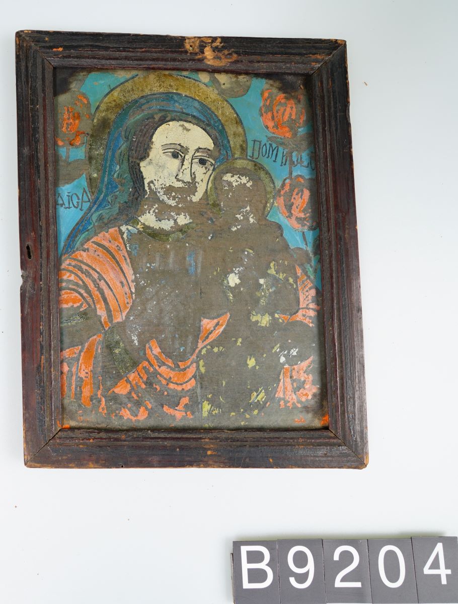 Icoană pe sticlă „Maica Domnului cu Pruncul”
