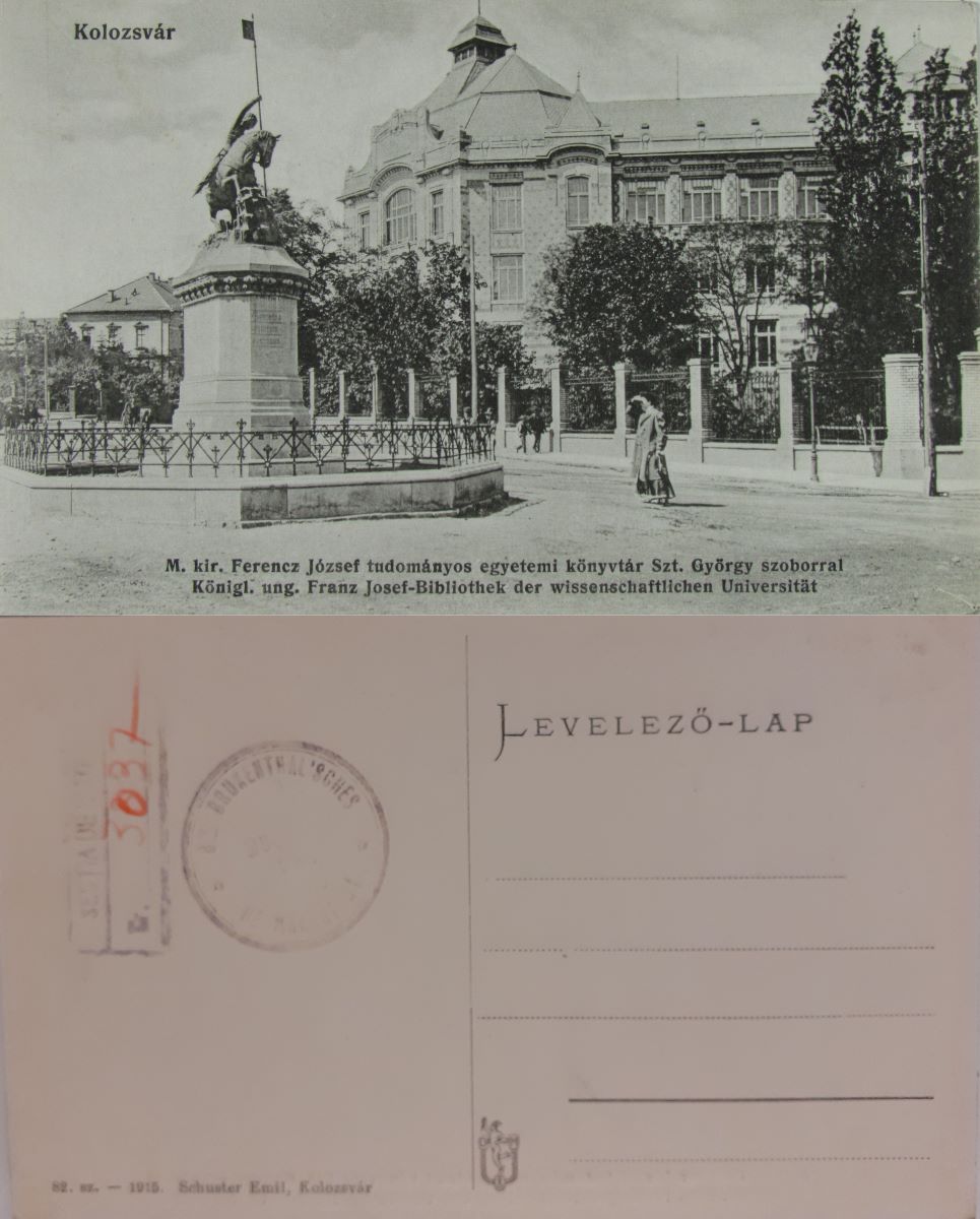 Cluj. Vedere cu statuia Sfântului Gheorghe și Biblioteca Regală Franz Josef a Universității maghiare de Științe
