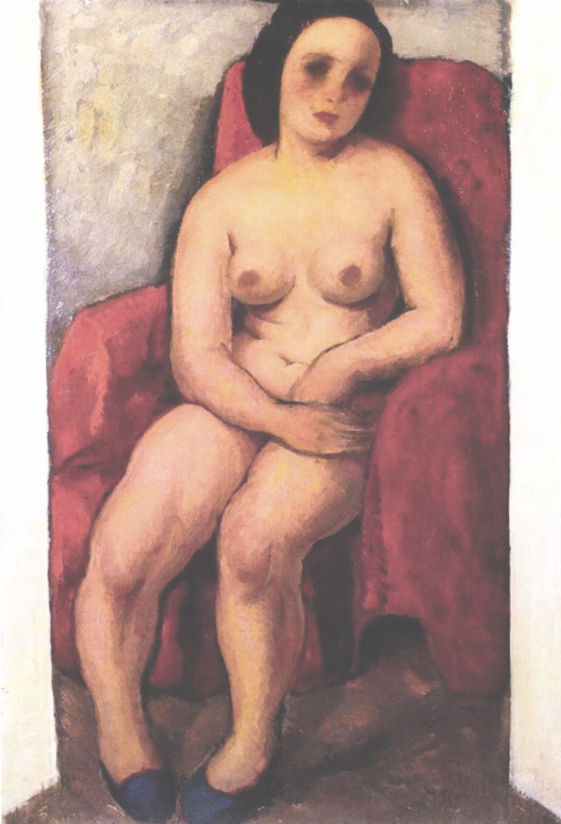 Nud în fotoliu roșu