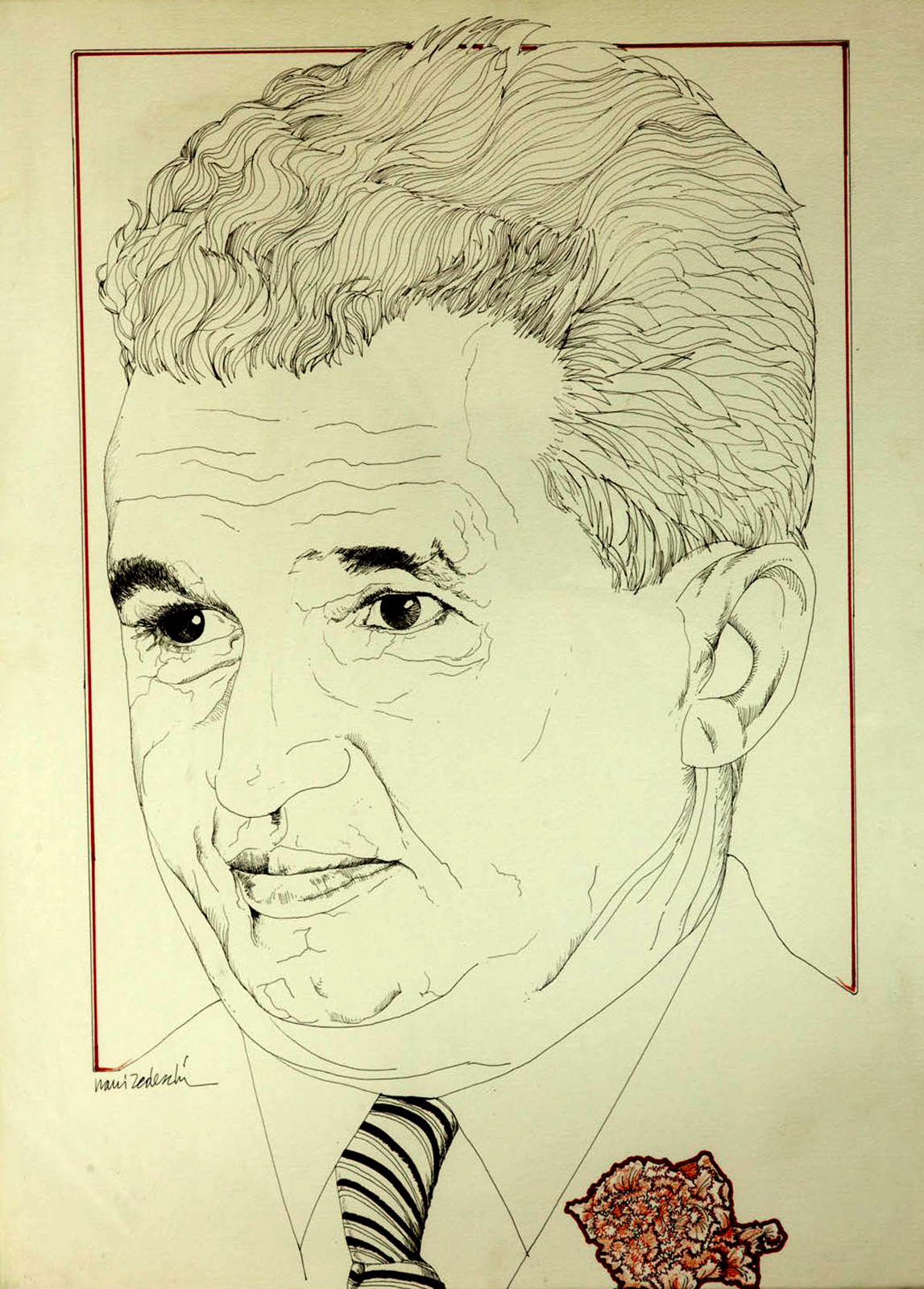 Grafică, portretul lui Nicolae Ceaușescu, semnat stânga jos Nanni Tedeschi, nedatat. Oferit de delegația italiană condusă de Benito Craxi cu ocazia vizitei în România. București, noiembrie 1978.