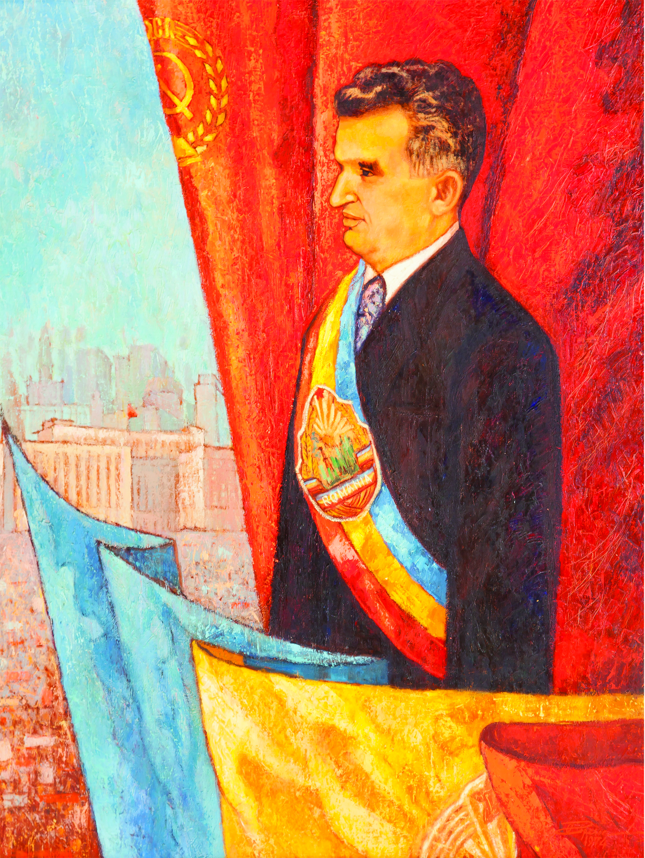 Tablou, ulei pe pânză, „Nicolae Ceaușescu, întâiul președinte al României”, semnat C.Aurel și datat 1974 în partea dreaptă jos. Nicolae Ceaușescu purtând banderolă tricoloră cu stema R.S.R., stând la balcon primind ovații din partea oamenilor muncii adunați într-o piață. În spatele său, steagul cu sigla PCR. Tablou oferit de către autor originar din Câmpina (Prahova), 19 august 1974.