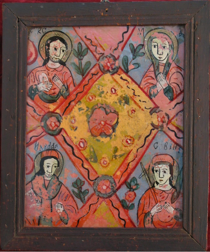in punct de vedere teologic, tema Masa Raiului face trimitere la comuniunea sfinților din Rai. Compozițional, icoana se organizează pe o structură compusă din patru registre delimitate la mijloc de un romb, având vârfurile marcate de câte o floare, și între ele de triunghiuri ce au fiecare un vârf comun cu rombul central. În rombul central este pictată o floare. Cele patru registre cuprind personaje sfinte reprezentate bust, după cum urmează: Iisus Hristos, Maica Domnului cu Pruncul, sfântul Nicolae și sfânta Paraschiva. Icoana este ornamentată cu frunze simple, esențializate. Cromatica se compune din tonuri de roșu vermillon, verde, albastru, ocru galben, gri, negru și foiță aurie. Rama icoanei e profilată, băițuită, și e formată din îmbinarea a patru baghete de lemn.