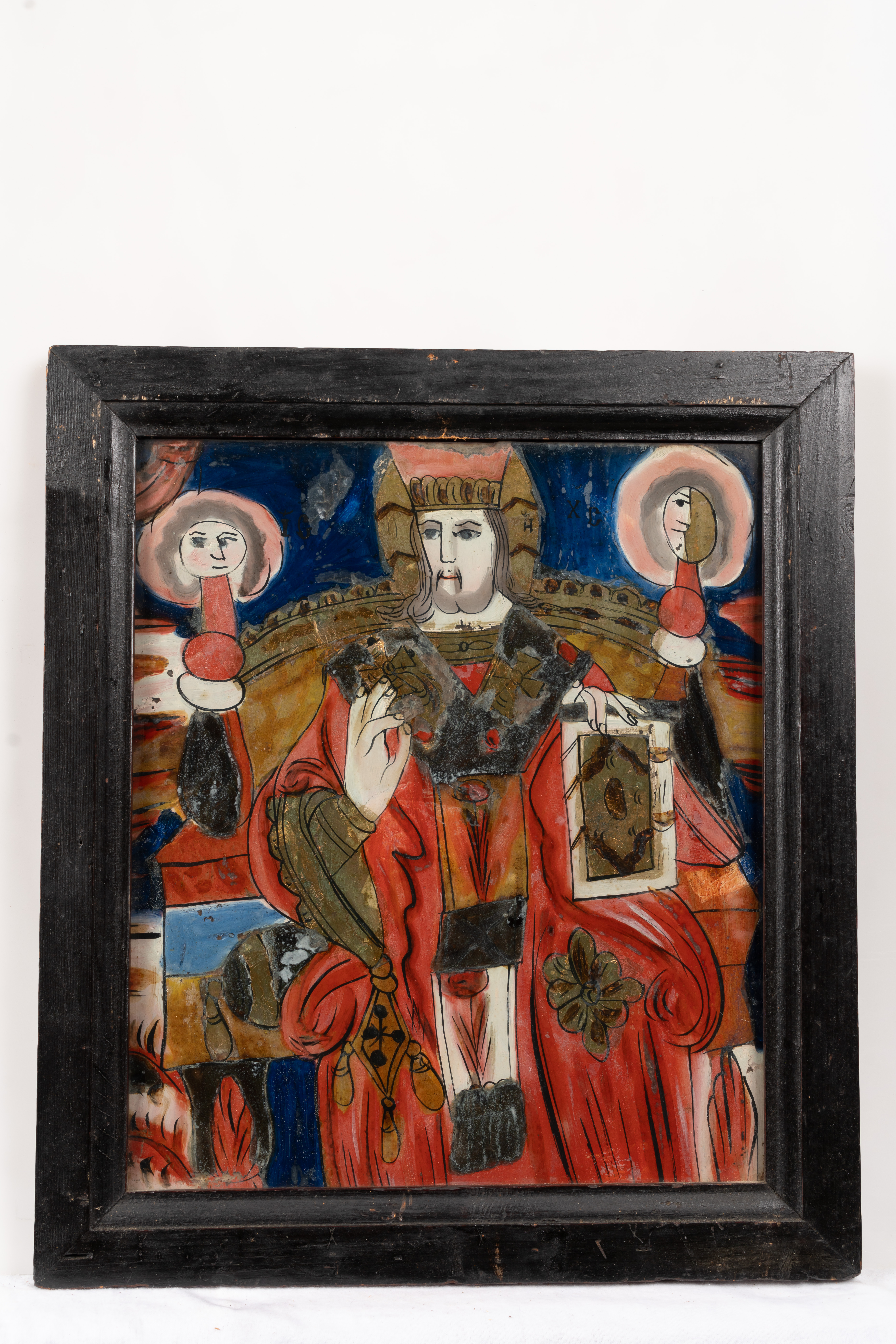 Iisus Hristos, redat semiprofil, stând pe un tron decorat cu elemente aurii de inspirație barocă, binecuvintează cu mâna dreaptă, iar cu mâna stângă sprijină pe genunchi Evanghelia închisă. El poartă odăjdii arhierești; peste sacosul roșu tivit cu auriu, mânecuțe aurii, bederniță ocru, are un omofor multicolor, decorat cu motive geometrice și fitomorfe. Elementele cosmice, Soarele și Luna, redate simetric, cu rozuri cenușii, pe cerul albastru închis par să se sprijine pe jilțul arhieresc. Vegetația de lîngă tron este redată cu inconfundabilul motiv al dintelui de lup, amprenta Centrului Maierii Bălgradului.