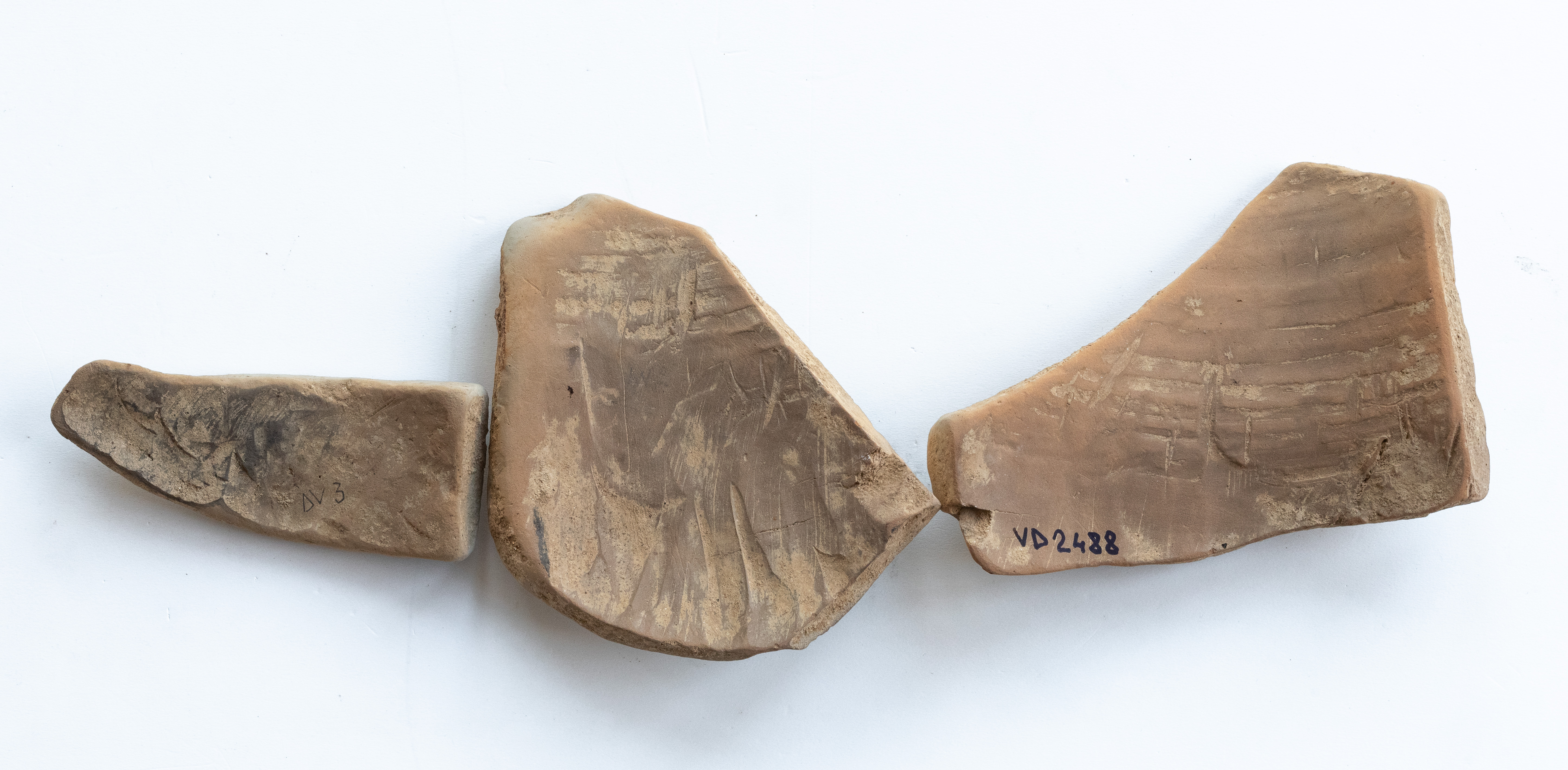 Fragmente ceramice ornamentate cu motive zoomorfe, realizate cu vopsea maronie și brun-roșcată pe angobă de culoarea alb-gălbuie. Toate cele trei fragmente provin de la același vas.Tehnica de realizare a fost inspirată de produsele elenistice (stilul Hadra). Motivul decorativ se înscrie în linia stilului figurativ specific ceramicii pictate din zona Sarmizegetusei Regia. Acest vas avea atât rol funcțional, cât și decorativ.