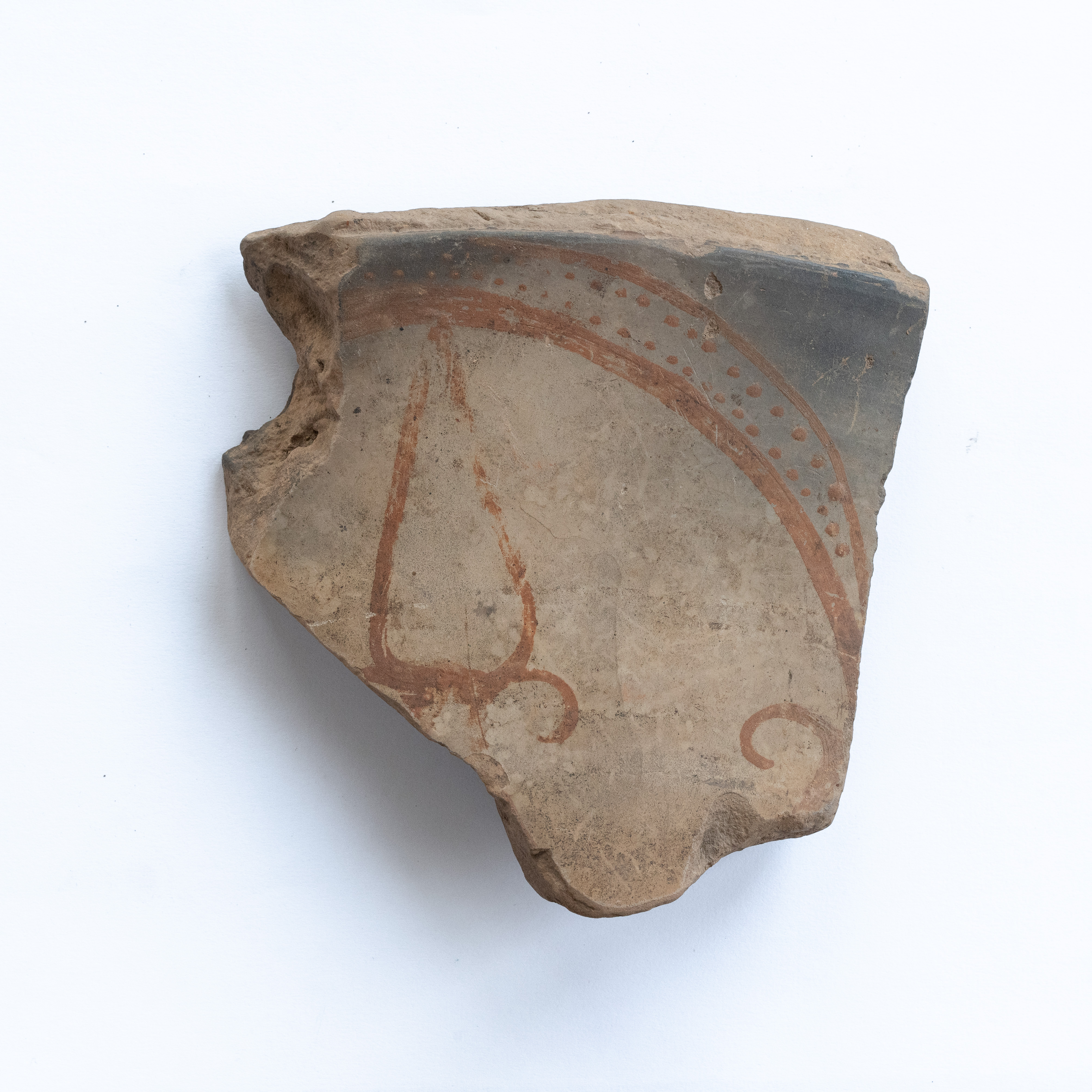 Fragment ceramic ornamentat cu motive vegetale, realizate cu vopsea cafenie pe angobă de culoarea alb-gălbuie; prezintă urme de ardere secundară.Tehnica de realizare a fost inspirată de produsele elenistice (stilul Hadra). Motivul decorativ se înscrie în linia stilului figurativ specific ceramicii pictate din zona Sarmizegetusei Regia. Acest vas avea atât rol funcțional, cât și decorativ.