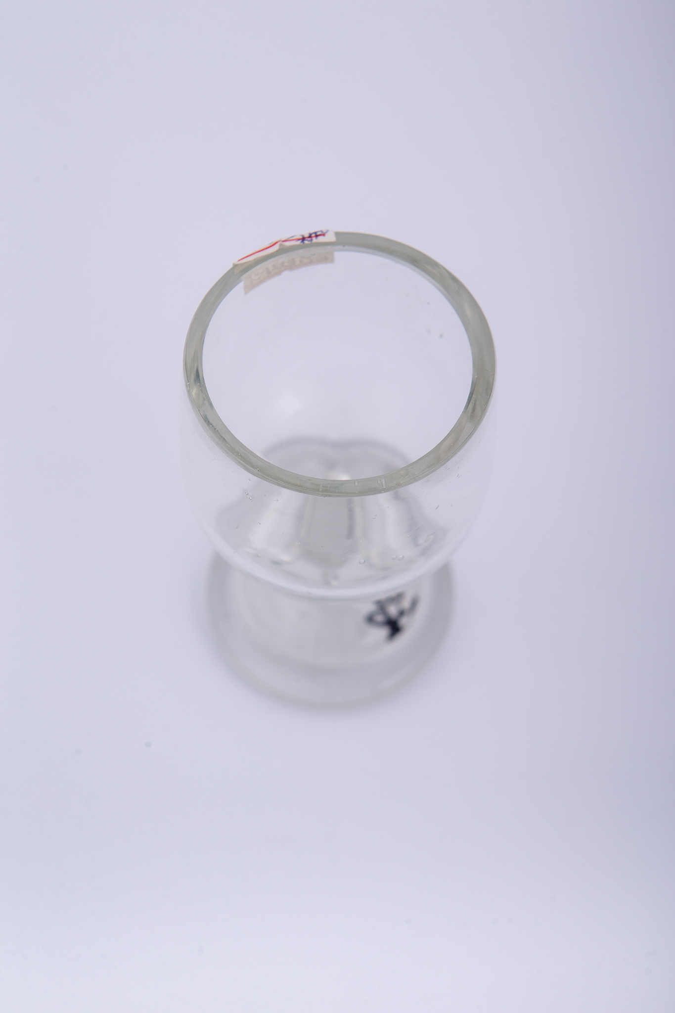 Corpul cupei este sferoidal, sprijinit pe un picior scurt și gros, cu o talpă discoidală, semiconcavă în interior. Decorul este fixat pe picior și realizat prin suflare direct în optic, rezultând caneluri verticale. Paharul este gravat pe cupă cu o coroană și anul 1882.