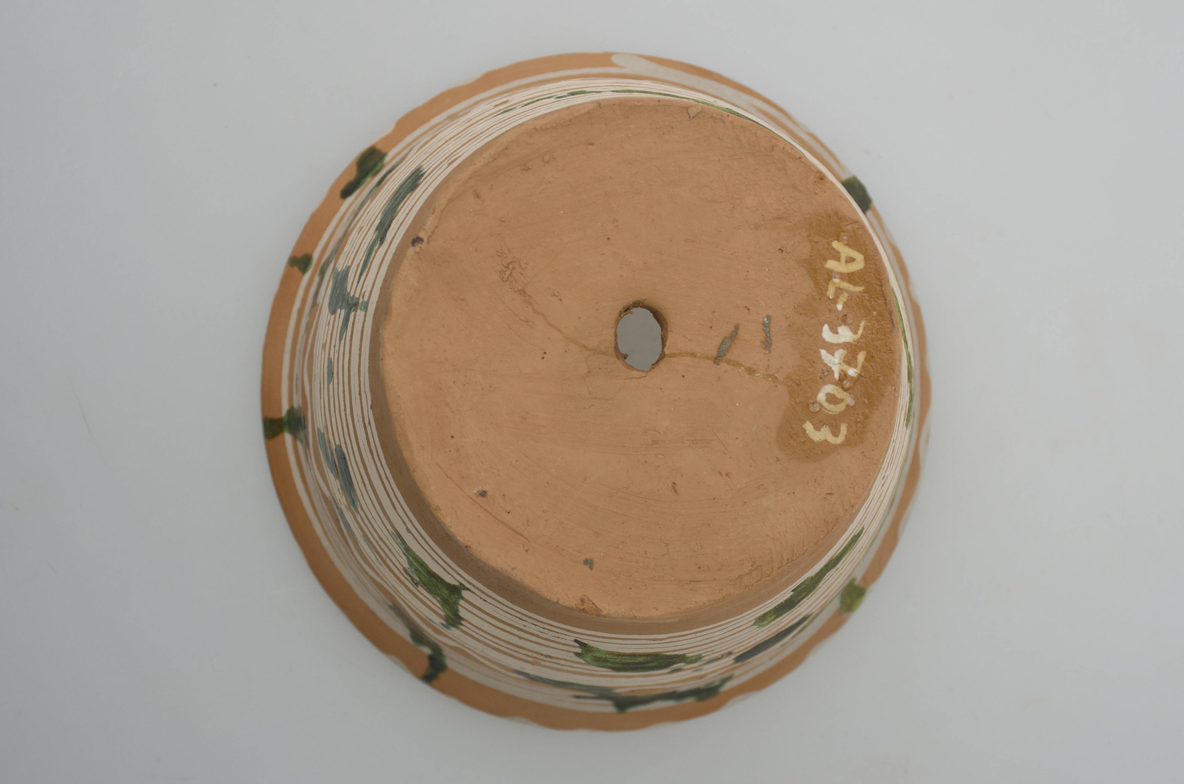 Vas ceramic de uz casnic, cu rol decorativ, întrebuințat în gospodărie ca ghiveci pentru flori. Recipient de formă tronconică, cu gura mai largă decât baza, cu buza ușor răsfrântă în exterior și rotunjită. Pe exteriorul vasului se identifică un decor pictat, realizat cu pensula, dispus în două registre. Decorul constă din motive geometrice care redau cercuri concentrice și linii vălurite. Peste decorul pictat a fost aplicat un decor realizat prin stropire, cu motive constând din pete verzi. Baza este prevăzută cu orificiul pentru scurgerea apei. Vasul a fost ars în tehnica arderii oxidante. Cromatică: fond: cărmiziu; motive: alb; verde.