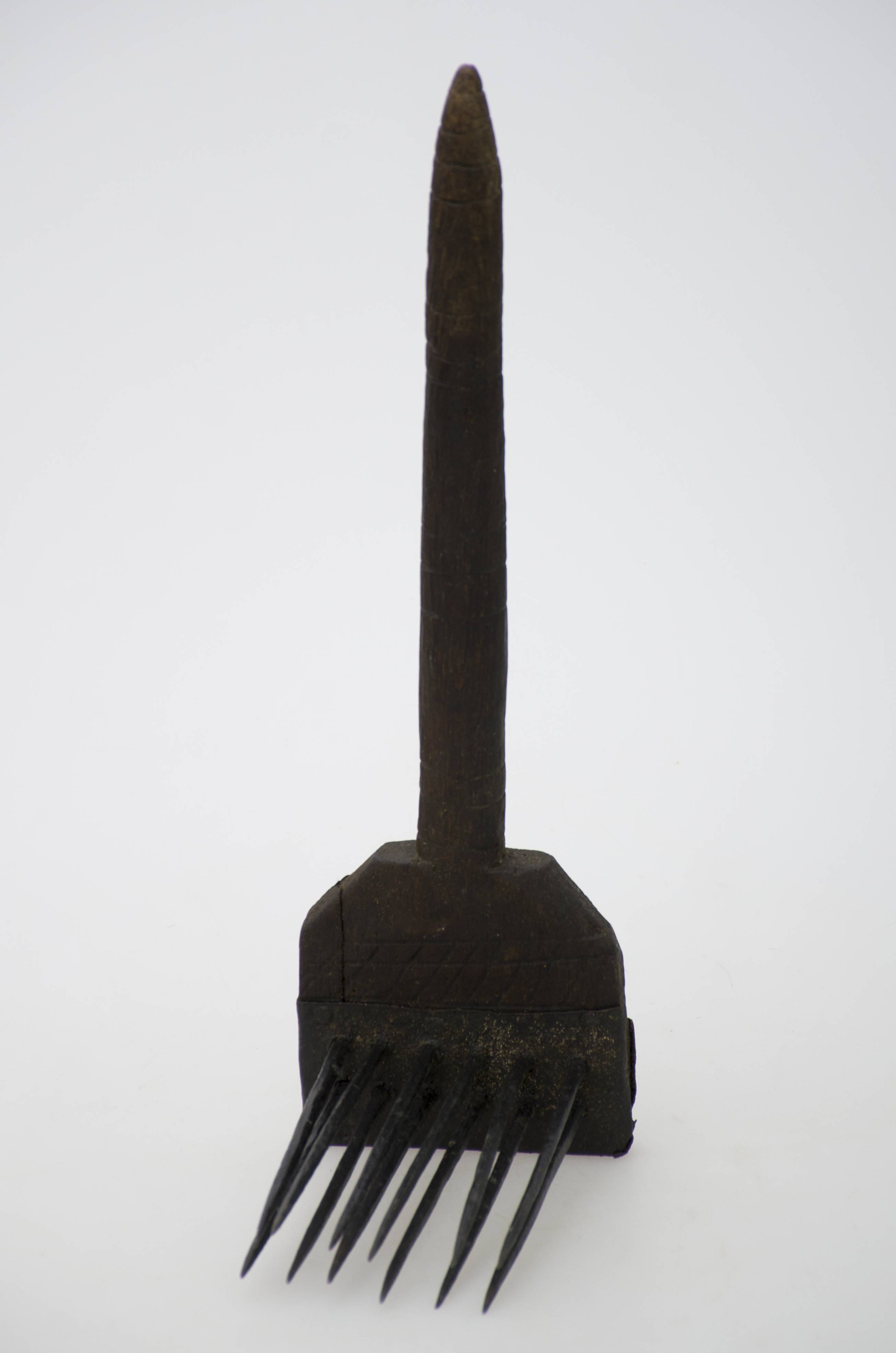 Piesa se compune dintr-un suport de lemn cioplit dintr-o singură bucată, pe care sunt prinse două rânduri de dinți metalici, lucrați în atelier de fierărie. Singurul decor sunt linii paralele incizate în jurul mânerului. Cromatică: maron; culoarea naturală a lemnului; culoarea metalului.