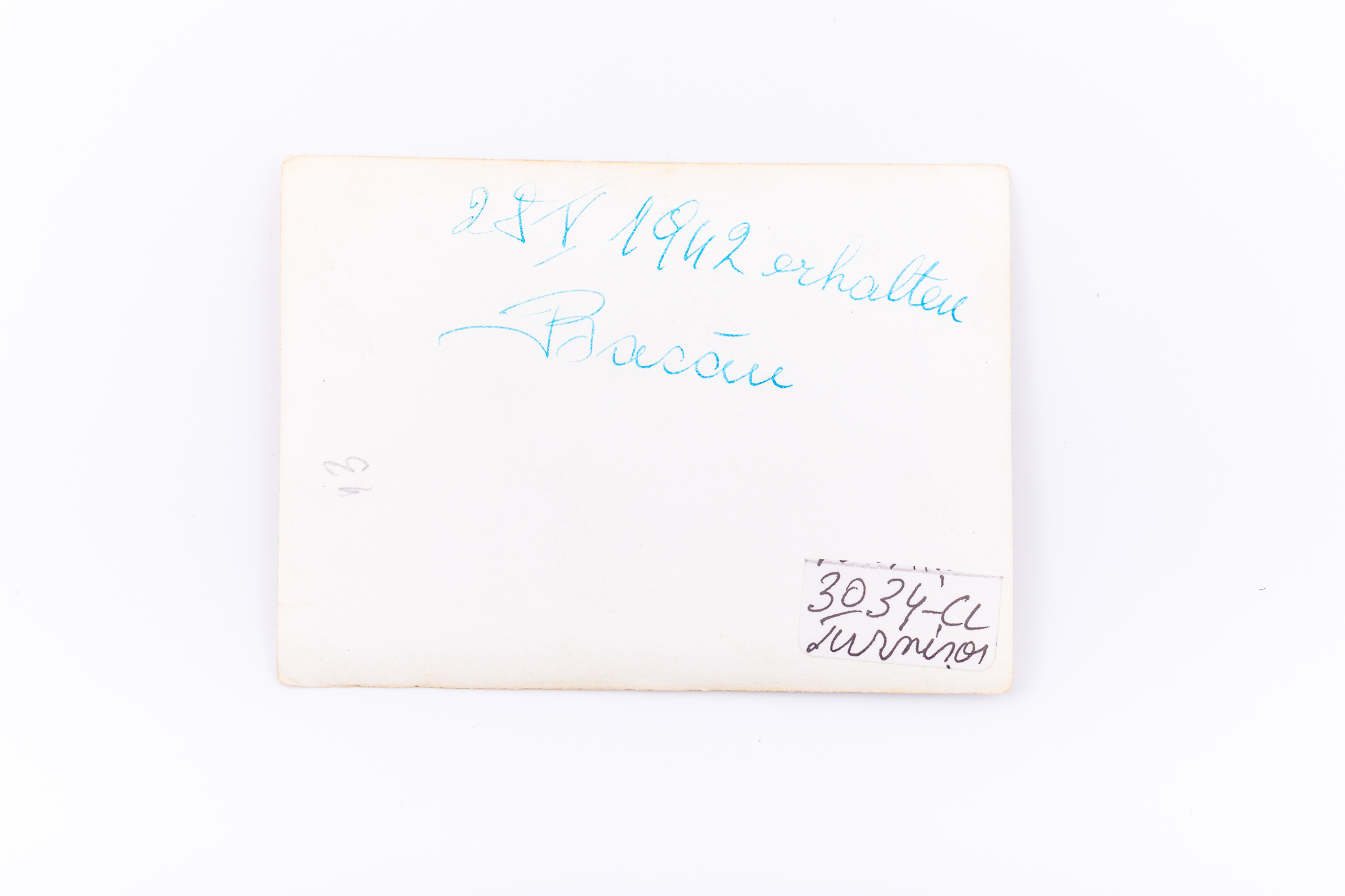 Fotografie de exterior realizată în fața unei locuințe. Hârtie fotografică Agfa Lupex sensibilizată cu gelatino-bromură de argint, prin D.O.P. (developing-out paper – imprimare prin developare). Prezintă o landleriță în costum popular cu batic pe cap. Haină cu nasturi. Hârtia fotografică pe care a fost imprimată imaginea este „Agfa Lupex”, foarte populară până în anul 1945. Pe verso însemnare manuscrisă cu culoare verde: „28.V. 1942 erhalten / Bacău” (28.V. 1942 primit / Bacău), lipit număr inventar 3034 - CL, Turnișor.