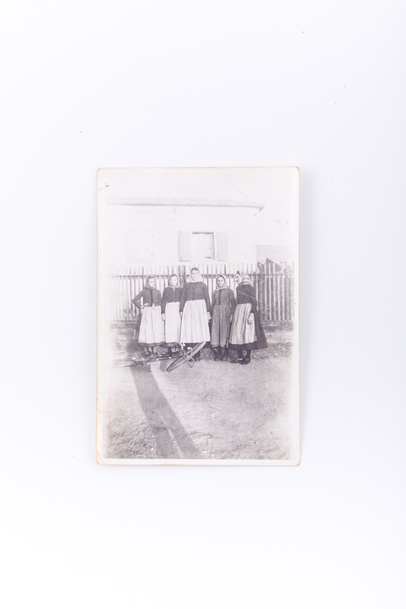 Fotografie de exterior realizată pe o stradă, în fața unei case. Aceleași personaje au fost surprinse în același loc în piesa 3038 CL. Hârtie fotografică Agfa Lupex sensibilizată cu gelatino-bromură de argint, prin D.O.P. (developing-out paper – imprimare prin developare). Prezintă un grup compus din cinci femei îmbrăcate în costume de landlerițe, lângă gardul casei. Hârtia „Agfa Lupex” a fost foarte populară până în anul 1945. Pe verso însemnare manuscrisă cu creion: „fam. Reisenaure THEIL”; marca Agfa Lupex; lipit număr inventar 3041 - CL, Turnișor.