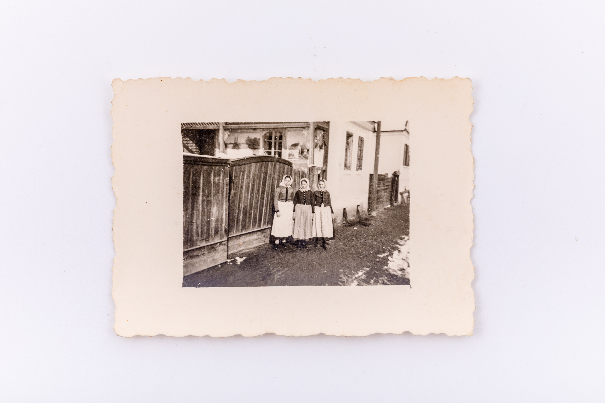 Fotografie de exterior realizată pe o uliță, în fața unei case. Prezintă trei femei în costume de landlerițe stând lângă o poartă de lemn. Piesele ce compun costumul popular sunt: batic, hană cu mâneci lungi, șorț. Hârtie fotografică Agfa Lupex sensibilizată cu gelatino-bromură de argint, prin D.O.P. (developing-out paper – imprimare prin developare). Hârtia „Agfa Lupex” a fost foarte populară până în anul 1945. Marginile fotografiei sunt zimțate. Pe verso marca Agfa Lupex; lipit număr inventar 3049 - CL, Turnișor.
