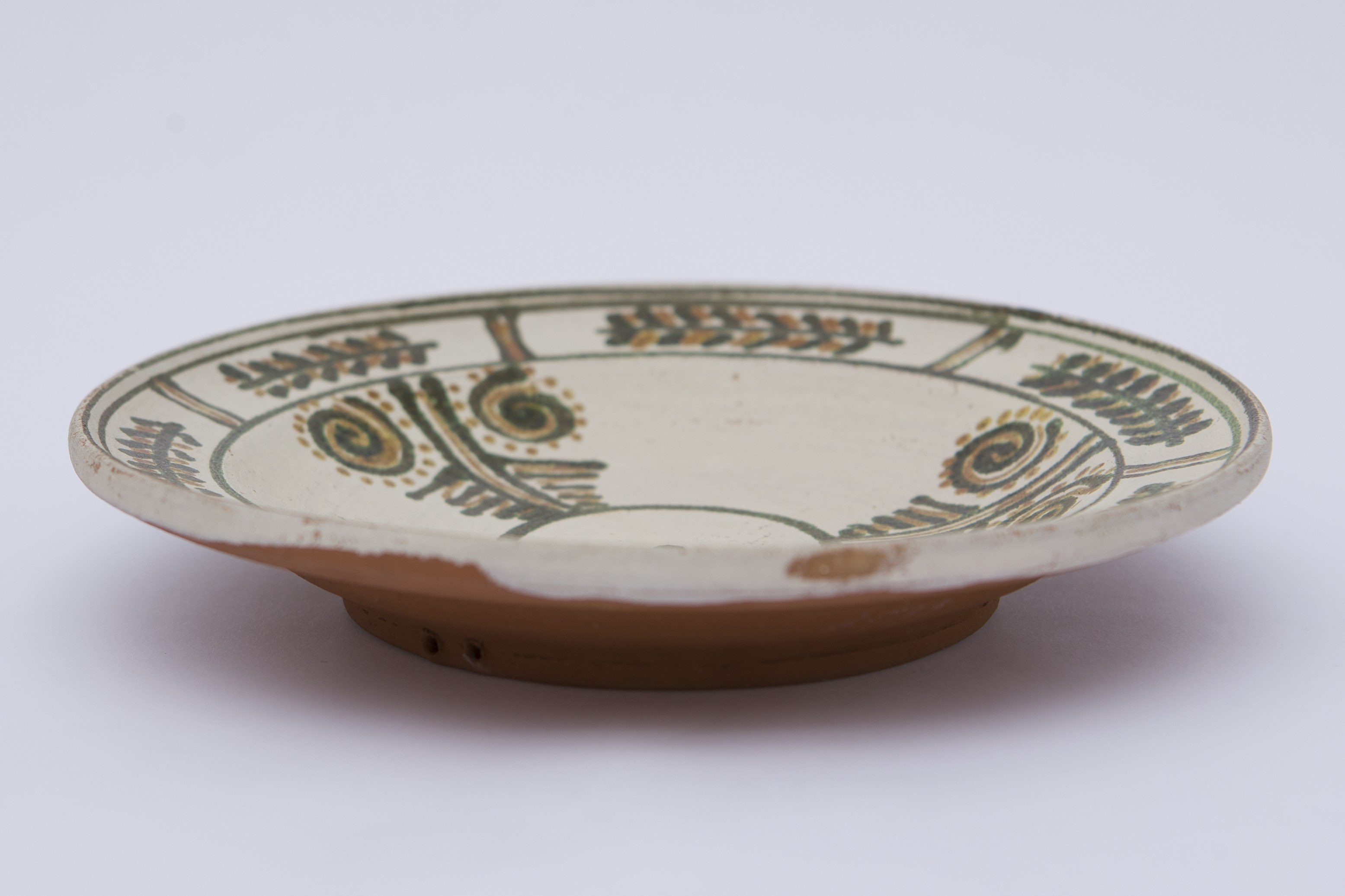 Vas ceramic de formă discoidală pe bază puțin înălțată. Fața farfuriei a fost introdusă în angobă albă, decorația a fost făcută cu pensula, smalț verde și maron - spirale. În centrul vasului amplasat un cerc cu un punct în mijloc. Pe pereții vasului dispuse trei ”crenguțe'' de brad având la bază câte două spirale conturate punctiform. Marginea vasului conturată de două linii concentrice, între ele fiind dispuse pe orizontală cinci ”crenguțe'' de brad despărție de grupe a trei linii scurte vericale. La posterior, pe fund, ștanțat ”D. ȘCHIOPU VLĂDEȘTI 1980''. Pentru atârnare, baza este perforată. Cromatică: fond: alb; motive; verde; galben.