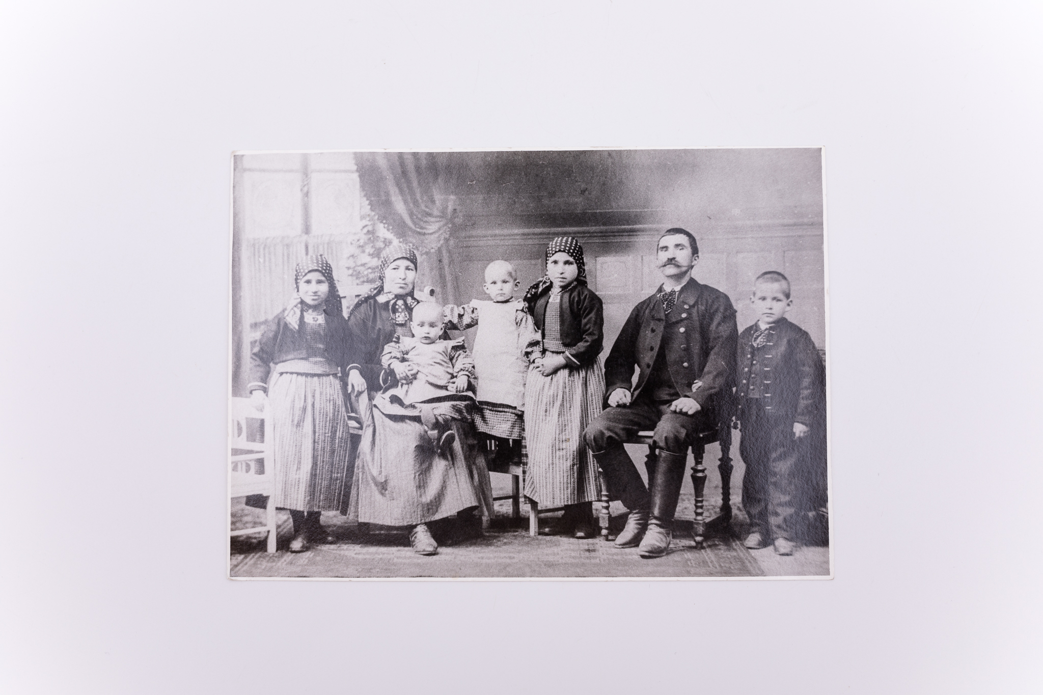 Reproducere realizată pe hârtie fotografică, cu gelatino-bromură de argint, după o imagine de pe un clișeu pe sticlă. Imaginea originară este realizată întru-un atelier fotografic, cu fundal pictat și elemente de recuzită (scaune, bancă). Prezintă o familie de landleri, cu cinci copii, din Turnișor, județul Sibiu. Pe verso însemnare manuscrisă: „Familie de „landleri” din Turnișor / Colecția Brândan Maria”; număr de inventar MCPR 2818.