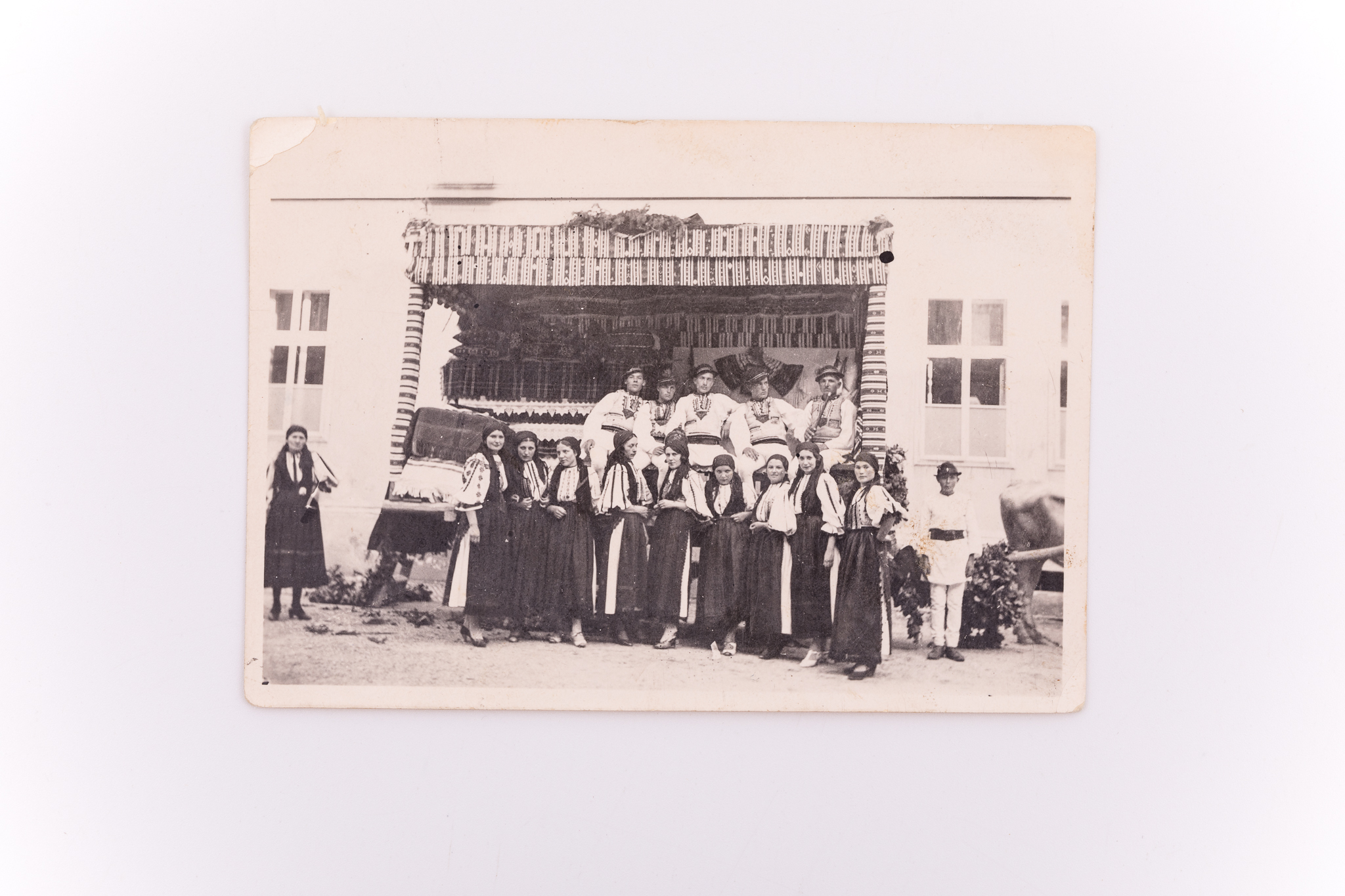 Fotografie realizată pe hârtie fotografică sensibilizată cu gelatino-bromură de argint. Prezintă un grup în port popular din zona Sibiului. Fotografia este realizată în data de 22 iulie 1934 cu ocazia organizării unei expoziții ASTRA la Sibiu. Se remarcă în spatele grupului standul cu texile pregătit pentru expoziție. Pe verso însemnare manuscrisă: „Expoziția „ASTRA” - Sibiu 1934 / Maria și Elena Maftei - din / Ocna Sibiului - (aflate în grupul din fotografie) au obținut / Premiul I la secțiunea „Țesături / Culmea și căpătîile de perne / realizate de premiante sînt / oferite spre achiziție / pentru colecția Muzeului / de către Oprișor Elena (Fiica e mare) / Lenuța / Sibiu / 22 iulie / 1934”; număr de inventar MCPR 2580.